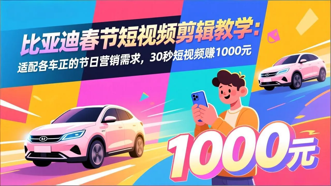 比亚迪春节短视频剪辑教学：适配各车企的节日营销需求，30秒短视频赚1000元-淘米帮