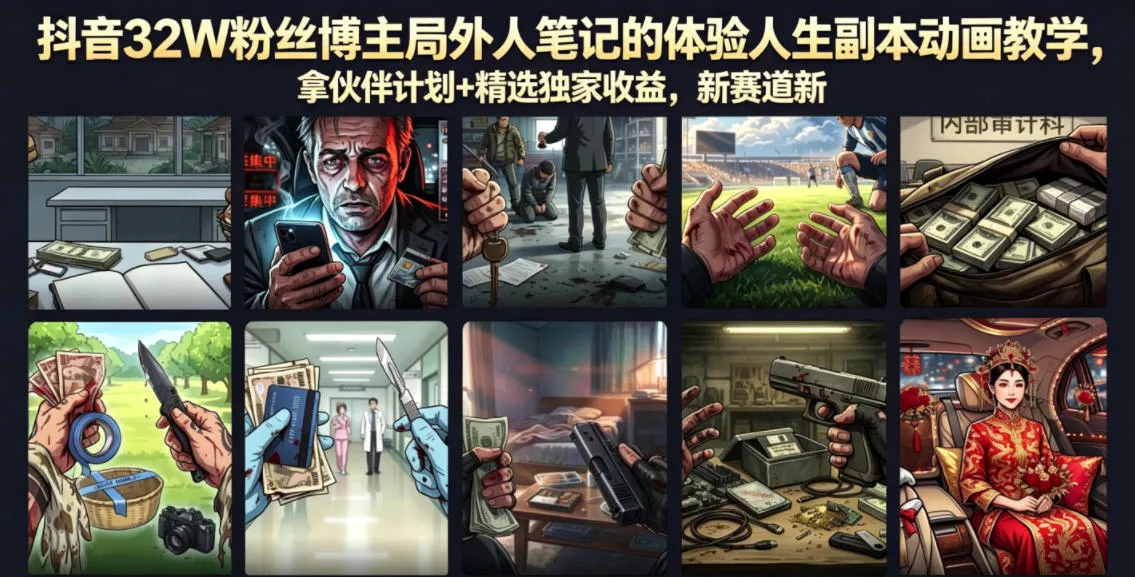 【精】抖音32W粉丝博主局外人笔记的体验人生副本动画教学，拿伙伴计划+精选独家收益，新赛道新涨粉快（录制版）-淘米帮