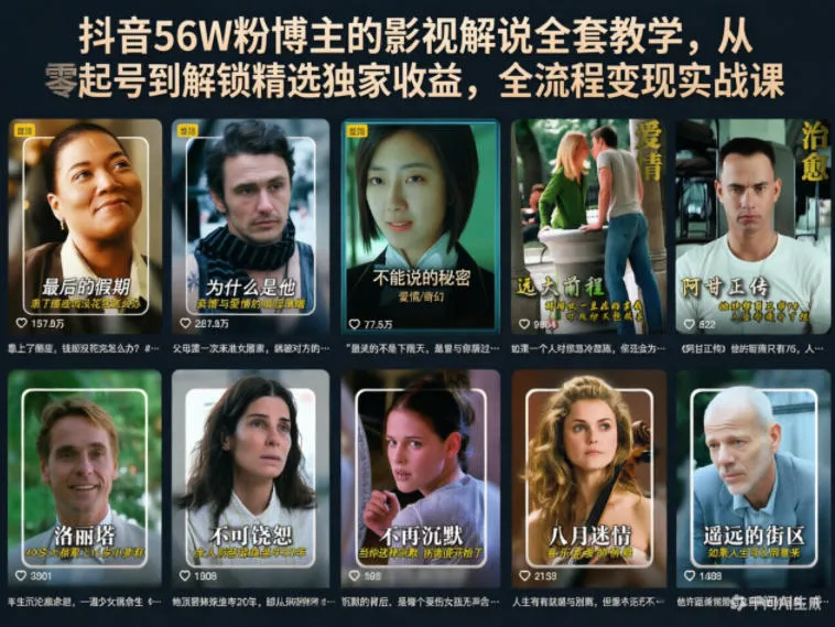 【精】抖音56W粉博主的影视解说全套教学，从零起号到解锁精选独家收益，全流程变现实战课-淘米帮