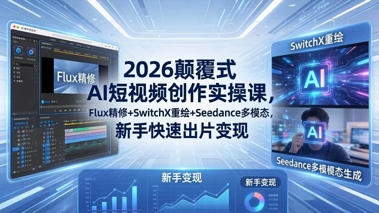 【精】2026颠覆式 AI短视频创作课-5月更新,Flux精修+SwitchX重绘+Seedance多模态,新手快速出片变现-淘米帮
