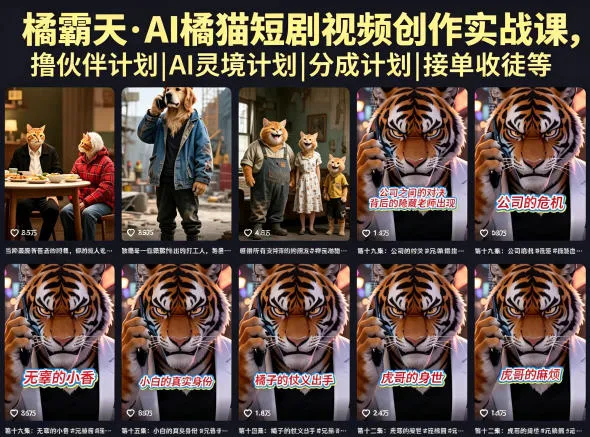 【精】橘霸天·AI橘猫短剧视频创作实战课,撸伙伴计划|AI灵境计划|分成计划|接单收徒等-淘米帮